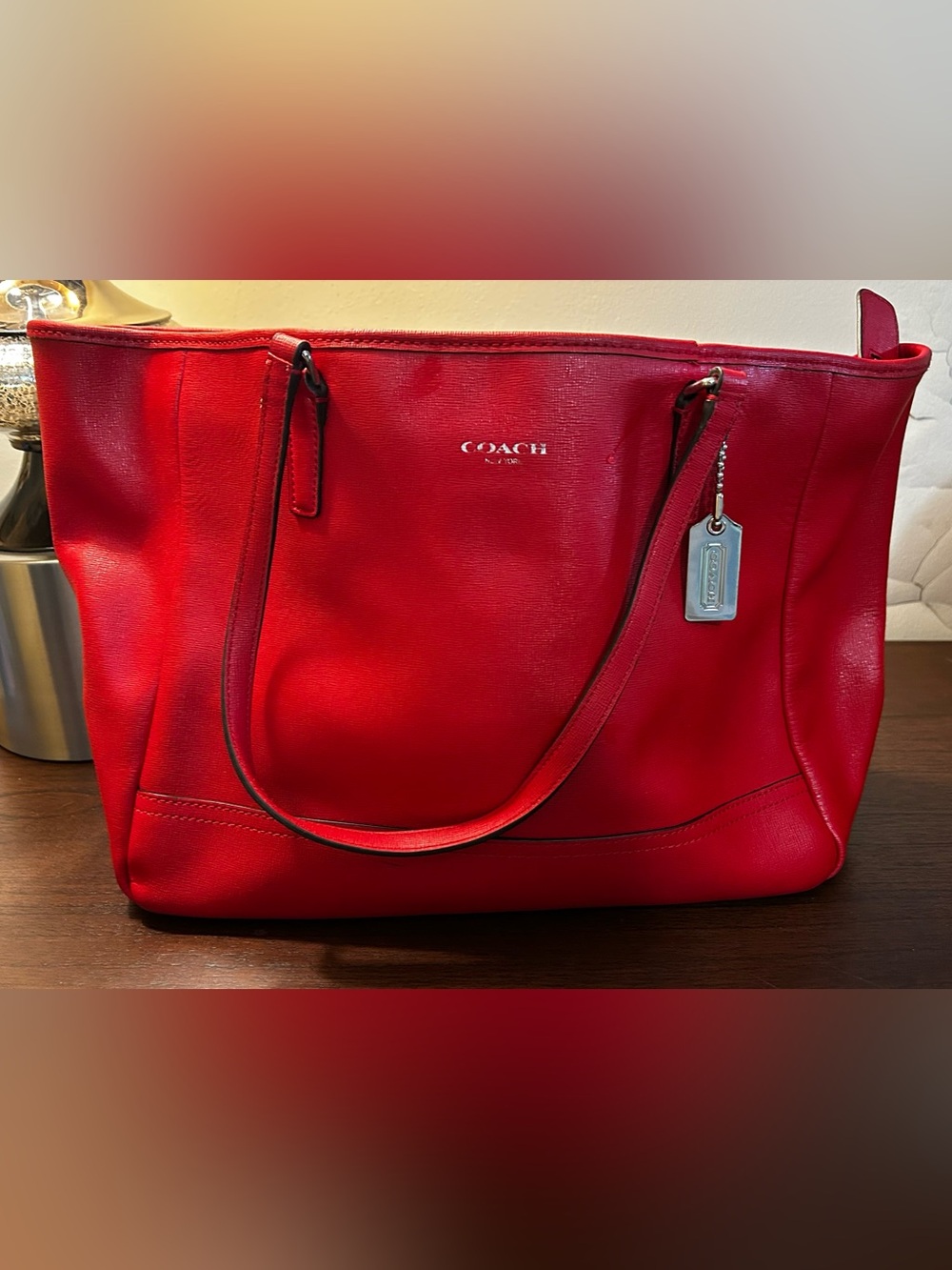 Coach Red Leather Tote with Silver Tag